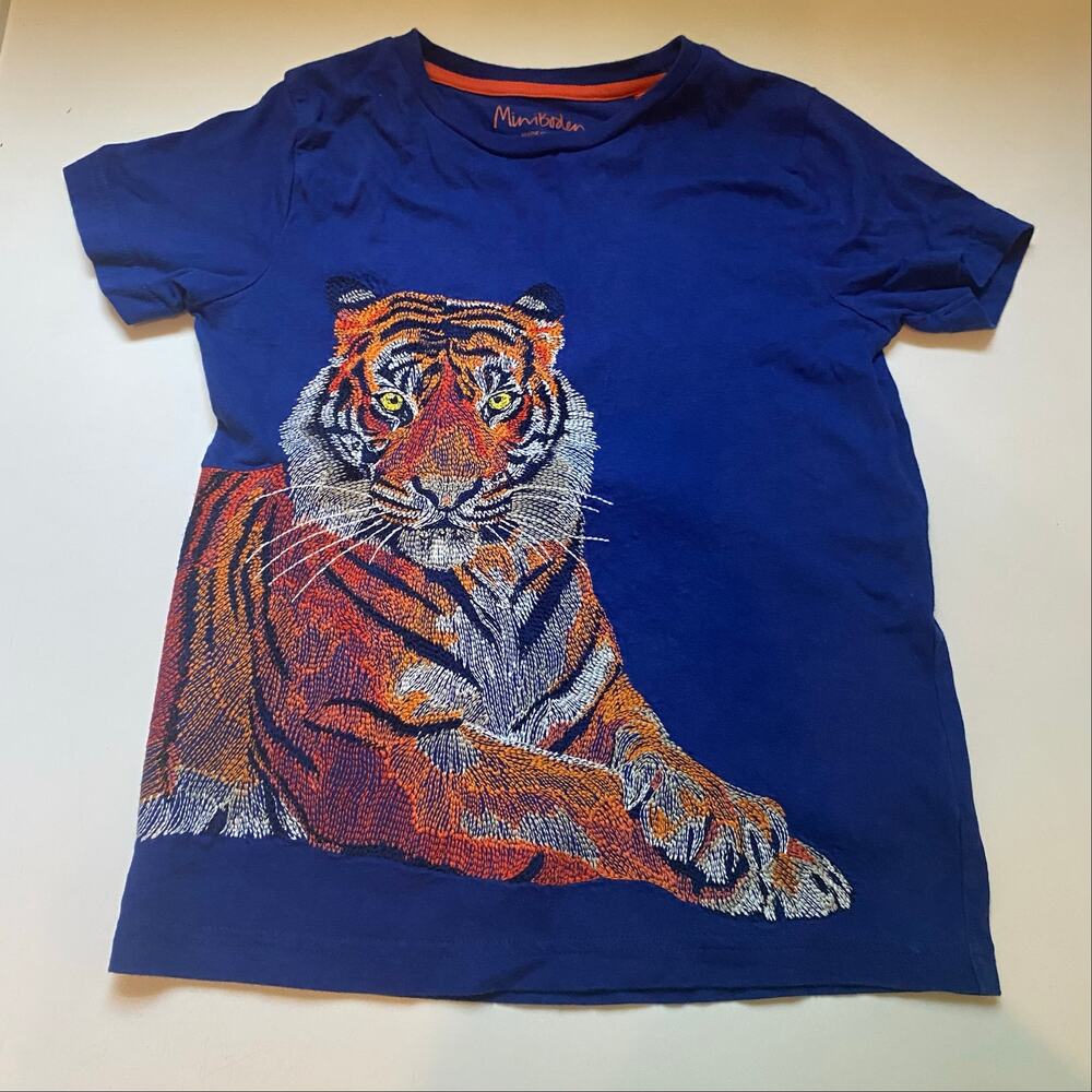Mini Boden Tiger Superstitch Embroidered  Short Sleeve Shirt